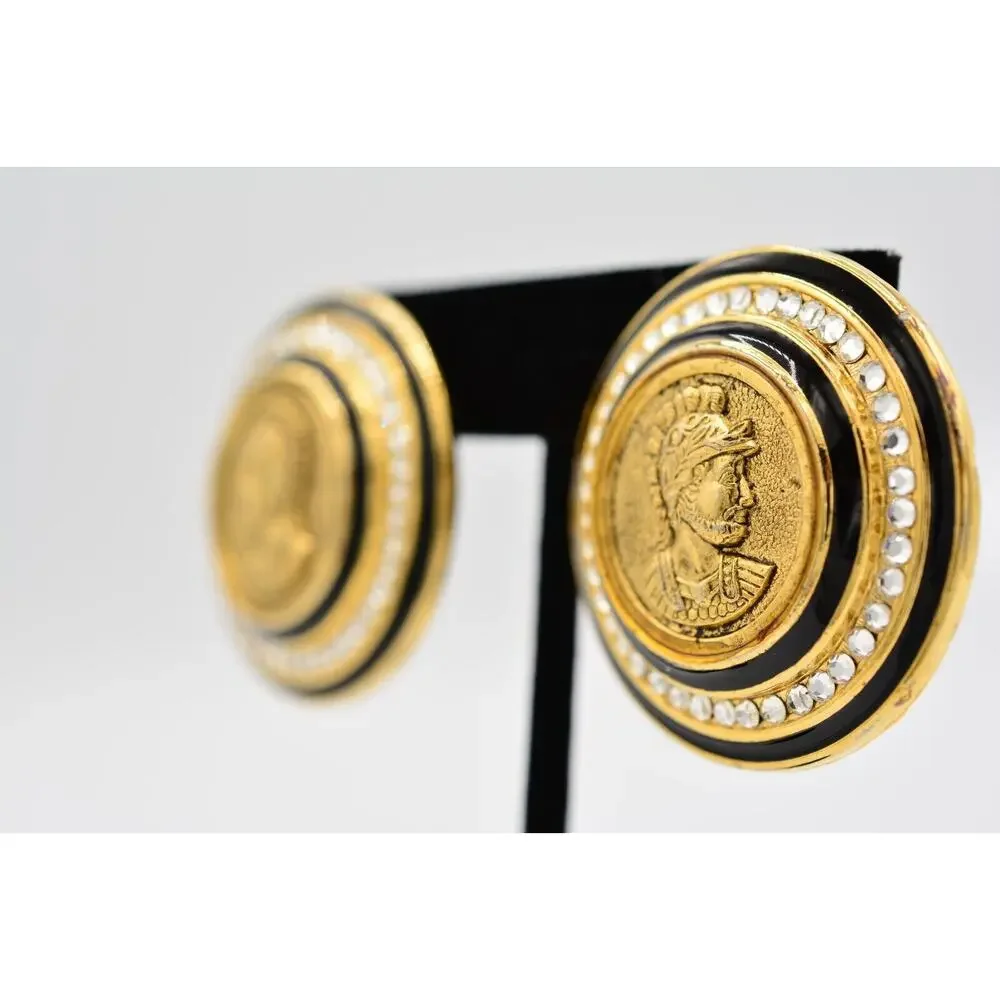 Craft Vintage Spartan Coin Clip On Earrings Roman Gold Crystal Signed 80s BinAS